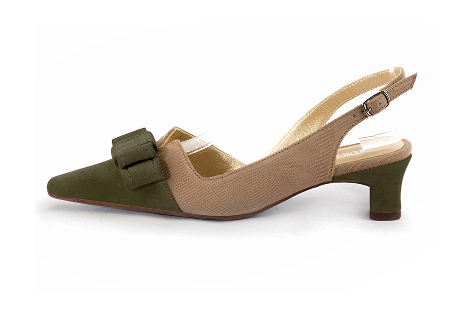 Khaki green and meadow green elegant slingback heels, with a bow on the front. Tapered toe. Low kitten heels. - Florence KOOIJMAN